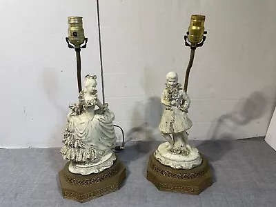 Vintage Victorian Colonial Porcelain Lace Figurine Table Lamps PAIR Man & Woman • $102