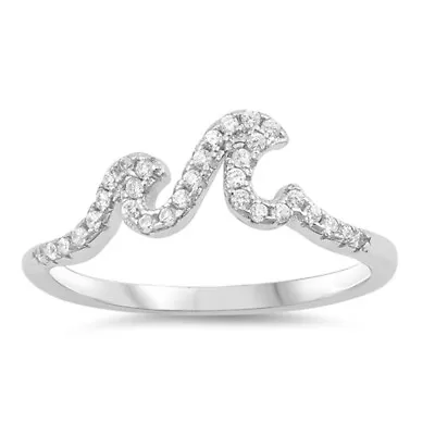 White CZ Micro Pave Wave Surfer Sport Ring Sterling Silver Cute Band Sizes 4-10 • $13.49