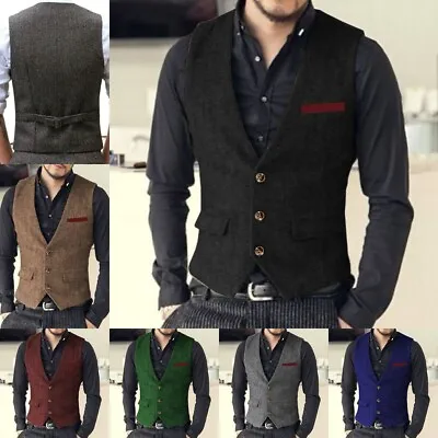 Business Men Suit Tweed Vest Herringbone Waistcoat Vintage Wedding Wool Workwear • $43.99