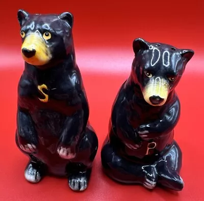 VtG MCM  Hand Painted TALL  Black Bears Salt Pepper Shaker Set • $29.99
