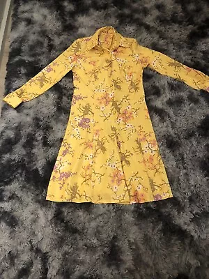 VTG 70’s Pale Yellow Multicolored Floral Polyester Long Sleeve Mod Mini Dress~LG • $39