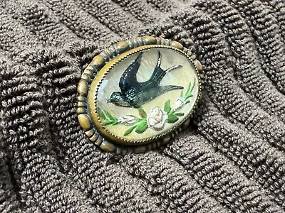 Antique Mourning Swallow Reverse Painted Bubble Glass Victorian Mourning Brooch • $60