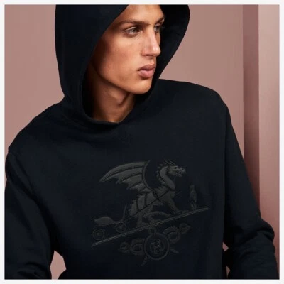 $1080 • Buy New Authentic Hermes - “Ex-Libris Dragon” - Men’s Black Hooded Sweater Hoodie XL