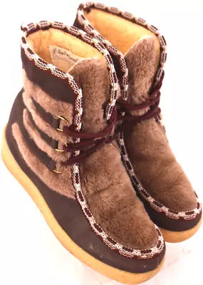 Vintage 70's Snowland Brown Lace Up Leather Faux Fur Boots Shoes Women's US 8 • $39.98