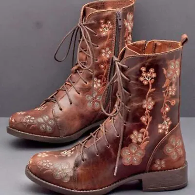 Womens Embroidery Round Toe Shoes Zip Lace Up Leather Block Heel Mid Calf Boots • $63.82