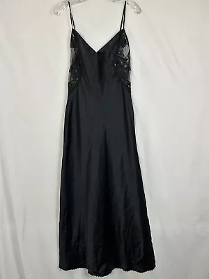 Vtg Victorias Secret Maxi Slip Dress Lace Black Small Sheer Back Slit Front • $24.90