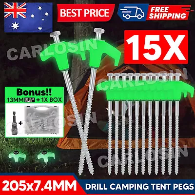 15pcs Heavy Duty Steel Screw Camping Tent Pegs With Glow In The Dark Head + Box • $22.95