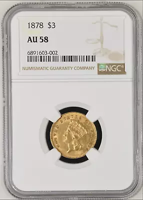 1878 $3 Gold Indian Princess Coin AU58 NGC • $1950