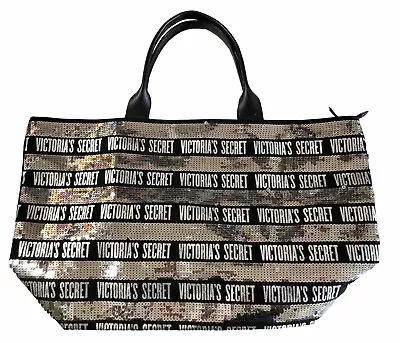 Victorias Secret Black & Silver Sequin Bling Tote Weekender Bag Limited Edition • $12.99