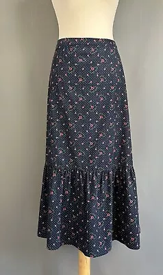 Laura Ashley Archive Navy Floral Polkadot Cottagcore Needlecord Tiered Skirt 20 • £25