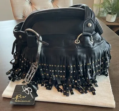 B Makowsky Leather Handbag Black Studded Fringe Satchel Purse Western • $109