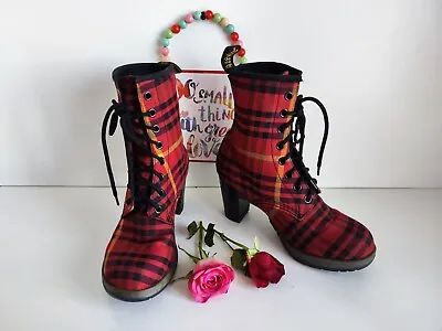 Dr Martens Darcie Red Tartan Canvas Red Heel Court Boots UK3 EU36 US5 • £170