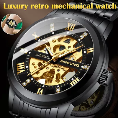 Luxury Men's Stainless Steel Gold Tone Skeleton Automatic Mechanical Wrist Watch • $21.55