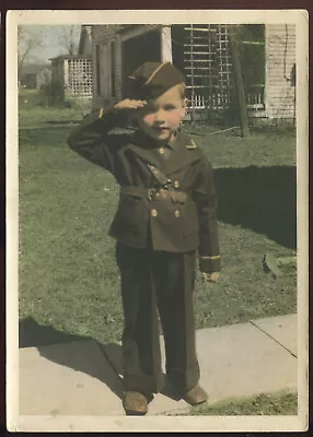 FOUND PHOTO Hand Tinted 5x7 Boy Saluting In Military Fatigues Color Snapshot VTG • $5.99