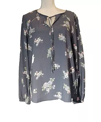 Como Vintage Women Sz M Slate Blue Peasant Boho Tunic Top Floral Blouse (0037) • $34.19