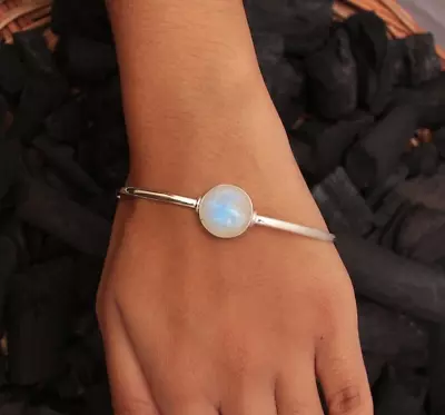 Blue Fire Moonstone Gemstone Solid 925 Sterling Silver Bangle V1009 • $11.19