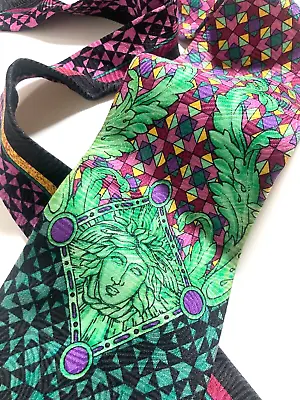 GIANNI VERSACE VINTAGE '90s BAROQUE MEDUSA V-MOTIF TIE GEOMETRY ITALY GREEN • $87.24