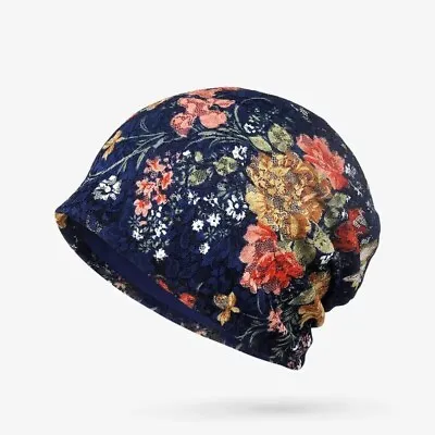 Boho Lace Flower Blue Elegant Beanie Elastic Lightweight Cap Women Sleep Hat • $14.98