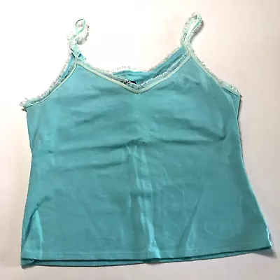 Moda International Y2K Tank Top Womens Large Blue Shelf Bra Ruffle Hem V-Neck • $15