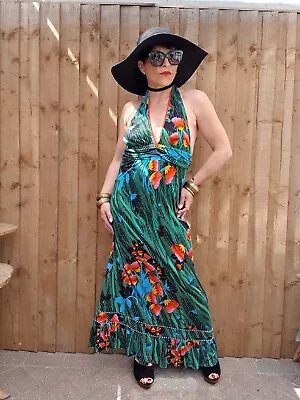 Y2K Vintage Long Halterneck Green Floral Maxi Dress By T-Bag In A Size 8/10 • $21.46