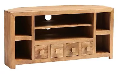 £329.99 • Buy Modern Solid Light Mango Wood With 4 Drawer And 2 Shelf Corner TV Media Unit 