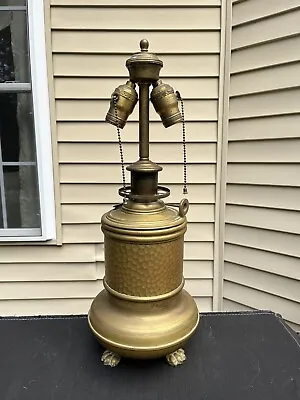 Antique Double Socket Electrified Sun Hammered Brass Oil Lamp W/ Claw Feet • $85