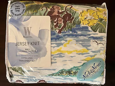 Nick & Nora Monkey Business Sheet Pillowcase Set Jersey Knit Fitted Flat Twin XL • $149.99