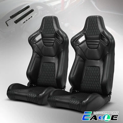 $276.98 • Buy 2x Black PVC Stiching Reclinable Sport Racing Seats Slider Left&Right