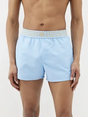 NWT Versace Mens Greca Border Swim Trunks Shorts Light Blue Size 5 Medium • $189.99