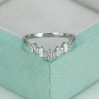 Dainty Round & Baguette Cut Moissanite Engagement Ring 14k White Gold Plated • $144.20