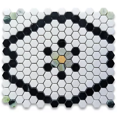 T31F6XP Thassos White Marble Hexagon Historic Snowflake Mosaic Tile Green • $54.99