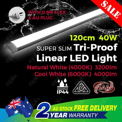 40w 4ft 1200mm Led Batten Light Slim Ip44 Replace T8 Fluorescent Tube Fitting • $49.95