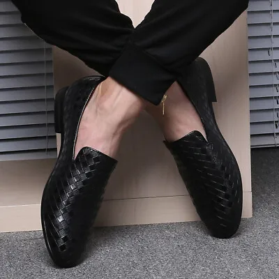 Spring Mens New Trendy Woven Leather Shoes Lightweight Slip On Driving Loafers • £43.66