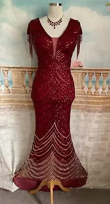 Dress 10 12 Red Gold Sequin Ballgown Mermaid Fishtail Prom Evening Gatsby Train • £35