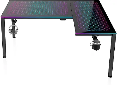Music Sensing RGB LED Lights Glass Gaming Desk 60 Inch L Shaped Reversible Top • $869.37