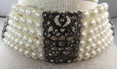 $65 • Buy Vintage Faux Pearl And Marcasite Six Strand Collar Necklace Audrey Hepburn Style