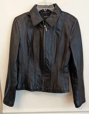 Vtg Victoria's Secret Moda International Black Leather Jacket Size M Fitted • $89