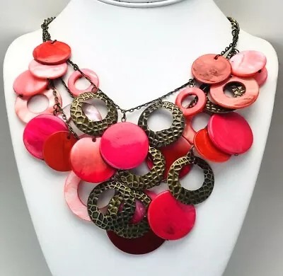Lane Bryant Red Pink Mother Of Pearl Multi Strand Statement Necklace • $20