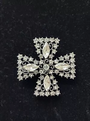 Premier Designs Clear Rhinestone Maltese Cross Brooch Pendant 2.5  W Signed • $34.99