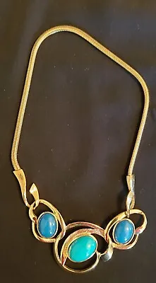 Vintage Trifari Choker Necklace-MODERNIST- Gold Plated Teal & Navy Cabochons • $50
