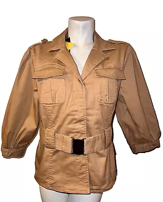 NWT MOTTO QVC Jacket Size L Brown Stretch Cotton Safari Belted Button 3/4 Sleeve • $15.29