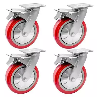 4 Pack 8  Heavy Duty Caster Wheel Swivel Plate Maroon PU With Brake Wheels • $89.99