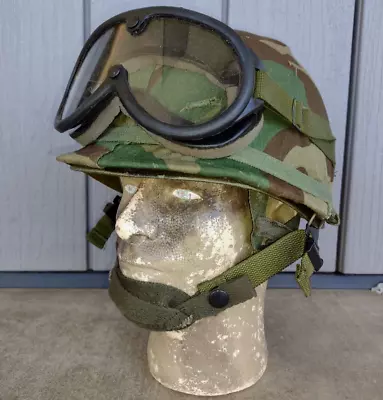 US M1 Helmet Airborne Cold War W/ 1983 Liner Woodland Camo Cover & Goggles • $82