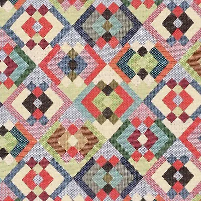 Multi Square Tapestry Fabric | Jacquard | Retro | Curtains Upholstery Cushion • £1.99