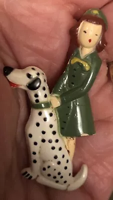 Vintage Plastic Girl Scout & Dalmatian Dog Figural Pin Brooch • $19.99