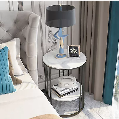 Coffee Table End Marble Top With Metal Frame Round Side Table With Storage Shelf • $78.95