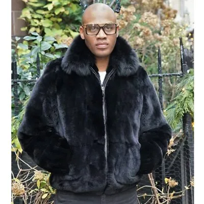 Men Fashion Winter Real Rabbit Fur Coat With Fox Fur Collar Casual Bomber Jacket • $532.20