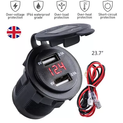 LED Car Cigarette Lighter Socket Dual 2.1A USB Port Charger For Car Boat Marine • £7.70