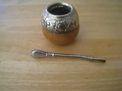 VINTAGE Argentina Mate Yerba GOURD Teacup Sterling Silver Straw Silver Rim • $15
