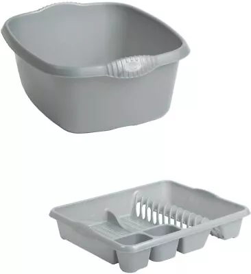 Plastic Large Dish Drainer & Rectangular Washing Up Kitchen Bowl Grey - Set Of 2 • £8.99